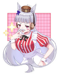  1girl 44103vv animal_ears apron blunt_bangs blush blush_stickers bow breasts brown_hat dress ear_bow employee_uniform facial_hair fast_food_uniform gold_ship_(umamusume) grey_hair hat highres horse_ears horse_girl kfc long_hair medium_breasts mustache open_mouth pillbox_hat purple_bow red_dress short_sleeves smile solo striped_clothes striped_dress umamusume vertical-striped_clothes vertical-striped_dress violet_eyes white_apron white_wrist_cuffs wrist_cuffs 