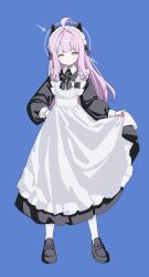  1girl absurdres ahoge alternate_costume animal_ears apron black_bow black_bowtie black_dress black_shoes blue_archive blue_background blush bow bowtie cat_ears closed_mouth commentary dated_commentary dress enmaided frilled_apron frills full_body green_eyes hair_bow halo hand_on_own_hip highres holding_own_dress horizontal_pupils kaya_(blue_archive) long_hair long_sleeves looking_at_viewer maid maid_apron maid_headdress pink_hair shoes simple_background solo standing sztxra white_apron yellow_halo 