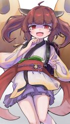  1girl ahoge backpack bag black_bag blunt_bangs brown_hair chikuwa commentary cowboy_shot crime_prevention_buzzer food grey_background headgear highres japanese_clothes kimono looking_at_viewer medium_hair mesugaki obi open_mouth purple_skirt raised_inner_eyebrows randoseru red_eyes red_sash sash shaded_face short_kimono short_yukata skirt smile smug solo togeguri touhoku_kiritan two_side_up voiceroid white_kimono yukata 