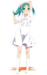 1girl adjusting_hair arm_above_head commentary dress expressionless flat_chest full_body gesugesu_ahoaho green_eyes green_hair hairband highres hikimayu holding_own_hair lolita_hairband long_hair monogatari_(series) ononoki_yotsugi simple_background socks solo twintails v white_background white_dress white_socks 