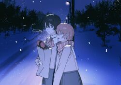  2girls bag black_hair chinese_commentary commentary haidao_mao highres holding holding_bag koito_yuu lamppost multiple_girls nanami_touko night pink_hair pink_scarf scarf snow snowing striped_clothes striped_scarf tree yagate_kimi_ni_naru 