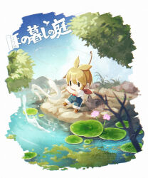  1other blonde_hair blue_overalls blurry blurry_foreground boots brown_boots chibi chibi_only commentary_request copyright_name day double-parted_bangs fishing fishing_rod flower hair_between_eyes highres holding holding_fishing_rod honogurashi_no_niwa lily_pad no_mouth other_focus outdoors overalls protagonist_(honogurashi) river rock shiraume_(hakubaian) shirt short_hair short_sleeves snake solo standing tree water watermark white_shirt |_| 