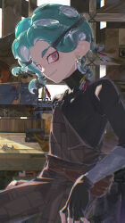  absurdres black_gloves cable commentary english_commentary fingerless_gloves freckles gloves hammer highres inkling inkling_player_character mygiorni red_eyes short_hair solo splatoon_(series) tentacle_hair 