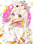  1girl :3 :d absurdres animal_ears animal_on_head bangs blonde_hair blunt_bangs blush bokkun_(doyagaobyo) collar collarbone commentary_request detached_sleeves dog dog_on_head finger_to_own_chin floral_print flower hair_flower hair_ornament hand_up highres indie_virtual_youtuber konishi_koni long_sleeves looking_at_viewer multicolored_background multicolored_hair on_head open_mouth orange_collar orange_eyes orange_hair pink_background shirt signature simple_background smile solo sunflower sunflower_hair_ornament tail two-tone_hair upper_body virtual_youtuber white_background white_shirt wide_sleeves 