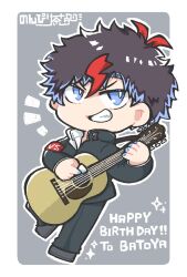  1boy armband black_hair black_jacket black_pants black_shoes blue_eyes blue_nails border chibi collared_jacket commentary_request grey_background grin guitar happy_birthday high_collar highres holding holding_guitar holding_instrument holding_plectrum instrument jacket male_focus michimata_batoya multicolored_hair nonbiritya notice_lines outline pants plectrum popped_collar red_armband red_hair round_border shirt shoes short_hair smile solo sparkle streaked_hair translation_request v-shaped_eyebrows virtual_youtuber voms white_border white_outline white_shirt 
