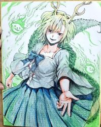  1girl antlers aqua_shirt blonde_hair blue_shirt commentary_request dragon_girl dragon_horns dragon_tail green_scales green_skirt horns kicchou_yachie korean_commentary kuya_(hey36253625) looking_at_viewer open_mouth pleated_skirt reaching reaching_towards_viewer red_eyes scales shikishi shirt short_hair skirt smile solo square_neckline tail touhou traditional_media turtle_shell yellow_horns 