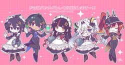  5girls :q ;q absurdres aogiri_shinobu apron black_bow black_bowtie black_dress black_hair black_jacket black_shoes black_visor_cap blonde_hair blue_eyes blue_hair bow bowtie braid butler chibi closed_mouth commentary_request dragon_musume_ni_naritakunai! dress drinking_straw duel_masters fal0811 food gloves godai_dora green_eyes green_hair hair_ornament heart high_ponytail highres holding holding_tray ice_cream ice_cream_float jacket jurako_ljuba long_hair maid maid_headdress multicolored_hair multiple_girls official_artist_extra omelet omurice one_eye_closed orange_eyes pants pink_hair ponytail purple_hair red_hair shoes short_hair side_braids signature smile sparkle striped_clothes striped_pants sukune_maron teiozaka_mumu tongue tongue_out translation_request tray twintails vertical-striped_clothes vertical-striped_pants violet_eyes visor_cap white_apron white_gloves white_hair white_mouth 