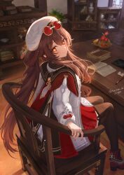  1girl absurdres armchair blush book brown_hair brown_thighhighs chair chinese_clothes commentary_request desk dragon2699 eyewear_on_head flower-shaped_pupils from_behind genshin_impact hair_between_eyes hat highres hu_tao_(cherries_snow-laden)_(genshin_impact) hu_tao_(genshin_impact) indoors jewelry long_hair long_sleeves looking_at_viewer looking_back multiple_rings office_chair official_alternate_costume on_chair red-tinted_eyewear red_eyes red_skirt revision ring round_eyewear shelf sitting skirt smile solo sunglasses swivel_chair symbol-shaped_pupils thigh-highs tinted_eyewear twintails white_hat wooden_floor yellow-framed_eyewear 