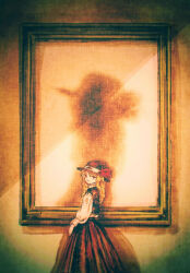  1girl black_dress blonde_hair collared_dress commentary_request contrast_collar cowboy_shot dolls_in_pseudo_paradise dress feathers from_side hat hat_feather highres jacket_girl_(dipp) kihaji140 long_hair painting_(object) red_feathers smile solo standing touhou white_sleeves yellow_eyes 