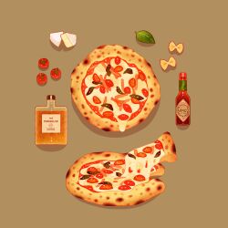  basil_leaf brown_background cheese cherry_tomato commentary_request farfalle_(pasta) food food_focus highres k_hamsin leaf mozzarella_(cheese) no_humans olive_oil original pasta pizza simple_background tabasco tomato 