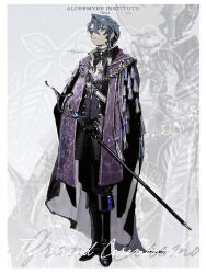  1boy aristocratic_clothes artist_name ascot black_boots black_bow black_bowtie black_cape black_gloves black_pants blue_eyes blue_gem blue_hair boots border bow bowtie brooch cape closed_mouth commentary embroidery english_text eureka1812 expressionless frilled_shirt_collar frills full_body gem gloves gold_necklace hair_between_eyes hair_ornament highres holding holding_sword holding_weapon jacket jewelry long_sleeves looking_at_viewer male_focus necklace original pants pants_tucked_in purple_gem purple_jacket purple_scarf sash scarf sheath sheathed shirt short_hair shoulder_sash side_part sideways_glance single_sidelock solo standing star_(symbol) star_hair_ornament stole sword tassel weapon white_ascot white_background white_border white_sash white_shirt zoom_layer 
