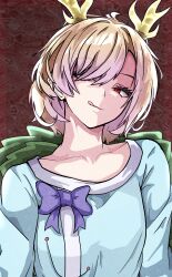  1girl :q antlers blonde_hair blue_shirt bow collarbone commentary_request dragon_girl dragon_horns green_scales highres horns kakineko kicchou_yachie purple_bow red_eyes shirt short_hair smile solo tongue tongue_out touhou turtle_shell upper_body yellow_horns 