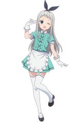  1boy apron arm_at_side arm_up black_hairband black_shoes black_trim blend_s center_frills collared_shirt contrast_collar foot_up_heel_up frilled_apron frills full_body gloves green_shirt green_skirt grey_hair hairband hand_up high_heels invisible_floor kanzaki_hideri long_hair long_sidelocks male_focus miniskirt official_art pleated_skirt puffy_short_sleeves puffy_sleeves pumps shirt shoes short_sleeves sidelocks simple_background skirt solo standing standing_on_one_leg stile_uniform tachi-e thigh-highs transparent_background trap v v_over_eye variant_set waist_apron white_apron white_gloves white_thighhighs 