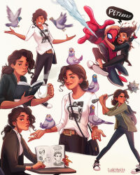  1boy 1girl animal_on_head bird bird_on_head book brown_hair carrying carrying_person closed_mouth commentary cuddlyveedles full_body highres holding holding_book looking_at_viewer marvel michelle_"mj"_jones multiple_views on_head pigeon ponytail spider-man spider-man:_far_from_home spider-man_(series) watch watch 