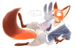  1boy 1girl alternate_costume animal_collar animal_ears animal_nose artist_name ass backless_shirt bare_shoulders barefoot black_eyes blue_jacket body_fur breasts brown_fur closed_mouth clothes_grab clothing_cutout collar commentary_request constricted_pupils facing_another facing_away fox_boy fox_ears fox_tail from_behind furry furry_female furry_male furry_with_furry grey_fur grey_pants hetero highres jacket judy_hopps kiss leaning_forward long_sleeves looking_at_another lying meme_(penpengusa_no_meme) motion_lines multicolored_fur nick_wilde off_shoulder on_side open_clothes open_jacket orange_fur pants pawpads pink_shirt pocket shirt short_shorts short_tail shorts signature simple_background size_difference sleeveless sleeveless_shirt small_breasts snout speech_bubble standing surprised sweat tail tail_through_clothes v-neck white_background white_shirt wide-eyed yellow_shorts zootopia 