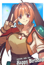  1girl antenna_hair armor brown_hair commentary_request cropped_jacket double-parted_bangs eiyuu_densetsu estelle_bright fingerless_gloves gloves hair_intakes happy_birthday highres looking_at_viewer pauldrons red_eyes rinngo6363 shoulder_armor simple_background single_pauldron smile solo sora_no_kiseki_sc twintails 