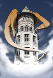  1boy absurdres against_railing architecture artist_name bunbury claws clouds colored_skin commentary dragon dragon_horns dragon_tail english_commentary fang furry furry_female half-closed_eyes highres horns interspecies kiss on_roof original outdoors pants railing shirt size_difference sky star_(sky) tail tower western_dragon window yellow_skin 