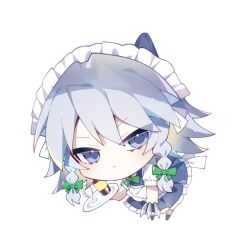  1girl apron between_fingers blue_dress bow bowtie braid chibi chibi_only closed_mouth collared_shirt commentary dress frilled_dress frills green_bow green_bowtie grey_eyes grey_hair hair_bow holding holding_knife holding_tray izayoi_sakuya knife knives_between_fingers long_hair looking_at_viewer maid maid_headdress pinafore_dress puffy_short_sleeves puffy_sleeves shirt short_sleeves sia_6767 sleeveless sleeveless_dress solo touhou tray twin_braids waist_apron white_apron white_shirt 