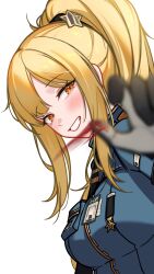  1girl absurdres black_gloves blonde_hair blood blood_on_hand blush breasts ezra_(project_moon) gloves hair_ornament happy high_ponytail highres id_card jacket limbus_company looking_at_viewer medium_breasts open_mouth orange_eyes ponytail project_moon simple_background smile star_(symbol) star_hair_ornament tall_female teeth white_background zerobig 