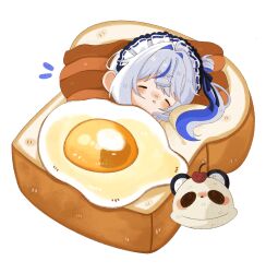  1girl ameameame_(pororo12khb) aokumo_rin bacon black_ribbon blue_streaks bread bread_slice chibi chibi_only closed_eyes cloud_hair_ornament commentary food fried_egg fried_egg_on_toast grey_hair hair_ornament hair_ribbon highres kurimi_(aokumo_rin) maid_headdress medium_hair mini_person multicolored_hair ribbon side_labret_piercing simple_background sleeping solo stellive streaked_hair stuffed_toy toast virtual_youtuber white_background 