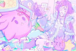  1boy absurdres axel_syrios bandaid bandaid_on_leg banzoin_hakka banzoin_hakka_(5th_costume) bird bird_hair_ornament black_hands blue_eyes blue_hair blue_leg_warmers cellphone chalkelot choker colored_extremities commentary crane_game english_commentary envelope eyepatch flip_phone food-themed_hair_ornament frilled_eyepatch frilled_jacket frills hair_ornament hairclip hakkito_(banzoin_hakka) highres holding holding_phone holostars holostars_english hood hooded_jacket jacket jellyfish_cut koipanion_(josuiji_shinri) leg_warmers long_sleeves machiroon_(machina_x_flayon) male_focus multicolored_hair official_alternate_costume pastel_colors phantom_(gavis_bettel) phone purple_hair regis_altare single_tear single_thighhigh spoken_emoji star_(symbol) star_hair_ornament strawberry_hair_ornament thigh-highs thigh_strap virtual_youtuber wing_hair_ornament x_hair_ornament 
