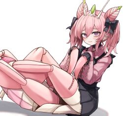  1girl antenna_hair antennae arthropod_girl arthropod_limbs black_bow black_skirt bow commentary_request compound_eyes double_bun dress ear_piercing extra_arms hair_bun kumano_plan mantis_girl original piercing pink_dress pink_eyes pink_hair skirt spiked_ear_piercing twintails 