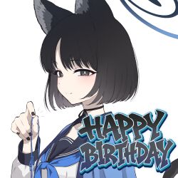  1girl animal_ears backscratcher777 black_choker black_eyes black_hair blue_archive blue_halo blue_haori blue_neckerchief blue_sailor_collar blue_string bright_pupils cat_ears cat_girl cat_tail choker closed_mouth commentary english_text from_side halo haori haori_on_shoulders happy_birthday highres holding holding_string japanese_clothes kikyou_(blue_archive) long_sleeves looking_at_viewer looking_to_the_side neckerchief portrait sailor_collar sailor_shirt school_uniform shirt short_hair simple_background smile solo string string_choker tail white_background white_pupils white_shirt 