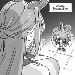  2girls absurdres ahoge animal_ears arknights arknights:_endfield breasts chibi dragon_girl dragon_horns english_text facing_viewer flying_sweatdrops gradient_hair greyscale highres horns large_breasts monochrome multicolored_hair multiple_girls pointy_ears su_xiao_jei tail tangtang_(arknights) teardrop tearing_up tiger_ears tiger_girl tiger_tail tile_floor tiles trembling yurie_mouth zhuang_fangyi_(arknights) 
