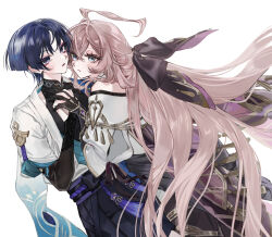  1boy 1girl ahoge animal_print arm_cutout armor artist_request asaga_(i3if3b) belt bird_print bishounen black_belt black_bodysuit black_bow black_bridal_gauntlets black_gloves black_hair black_shorts blue_cape blue_eyes blue_kimono blue_sleeves blunt_ends blush bodystocking bodysuit bow bridal_gauntlets cape clothing_cutout commission couple covered_collarbone crossed_bangs dress dutch_angle eyelashes eyeliner eyeshadow fingernails fringe-trimmed_cape furisode gem genshin_impact gloves gold_trim grey_eyeshadow hair_between_eyes hair_bow hakama hakama_shorts hetero highres hip_vent holding_hands huge_ahoge interlocked_fingers japanese_armor japanese_clothes jewelry juban kimono kote kurokote large_bow layered_sleeves leaning_back leaning_on_person long_hair looking_at_another looking_at_viewer makeup mandarin_collar oc_x_canon open_clothes open_kimono open_mouth original pink_cape pink_hair pleated_shorts purple_gem purple_rope purple_sash red_eyeliner rope sash scaramouche_(genshin_impact) second-party_source short_sleeves shorts shoulder_peek side_cape single_off_shoulder thighlet tsurime very_long_hair violet_eyes wanderer_(genshin_impact) white_background white_dress white_kimono white_sleeves wispy_bangs wolf_cut 
