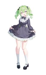  1girl :d absurdres bib_collar black_bow black_bowtie black_dress black_shoes block_heels bow bowtie collar commentary double-parted_bangs dress dress_bow drill_hair frilled_collar frilled_sleeves frills full_body green_bow green_hair hair_bow highres holding_own_dress long_sleeves mary_janes medium_hair multicolored_hair open_mouth pigeon-toed ri_yonn shoes simple_background smile socks solo stellive streaked_hair twin_drills twintails violet_eyes virtual_youtuber white_background white_collar white_socks white_streaks yuzuha_riko 