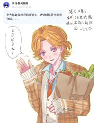  1boy bag blue_shirt brown_jacket cardigan chinese_commentary chinese_text commentary_request food grocery_bag highres holding holding_bag jacket lapels layered_clothes layered_sleeves long_sleeves male_focus necktie ondosaaaa open_mouth orange_hair pin pink_eyes plaid_clothes ponytail red_necktie request_inset school_uniform shirt shopping_bag short_ponytail sleeves_past_wrists smile speech_bubble strange_eden tomato translation_request uzuki_hinata_(strange_eden) vegetable white_cardigan white_trim 