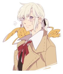  1boy allen_walker black_ribbon black_vest brown_coat coat collared_shirt creature creature_on_shoulder cross d.gray-man facial_mark feathered_wings forehead_mark golem_(d.gray-man) hair_between_eyes hair_ribbon heart horns iyo_(kurumiwarin) light_smile long_hair looking_at_viewer low_ponytail male_focus on_shoulder open_clothes open_coat parted_bangs ponytail red_ribbon ribbon scar scar_across_eye scar_on_face shirt sidelocks simple_background smile solo star_(symbol) star_facial_mark tail timcanpy trench_coat upper_body vest violet_eyes white_background white_hair white_shirt wings 