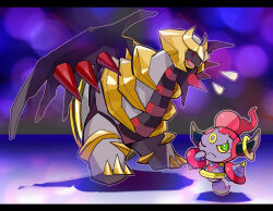  bright_pupils colored_sclera commentary_request full_body giratina giratina_(altered) green_eyes hoopa hoopa_(confined) horns kantarou_(8kan) letterboxed no_humans notice_lines open_mouth outline pokemon pokemon_(creature) pokemon_focus portal_(object) rayman_limbs shadow stuck through_portal white_outline white_pupils yellow_sclera 