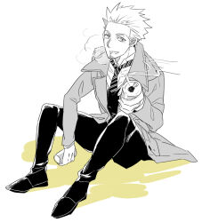  1boy beard beard_stubble can coat collared_coat collared_shirt d.gray-man dress_shirt facial_hair greyscale holding holding_can incoming_gift iyo_(kurumiwarin) light_smile long_sleeves looking_at_viewer male_focus mature_male monochrome necktie offering_food on_floor open_clothes open_coat pants parted_lips reever_wenhamm shirt shoes short_hair simple_background sitting smile solo spiky_hair steam striped_clothes striped_necktie stubble vest white_background 