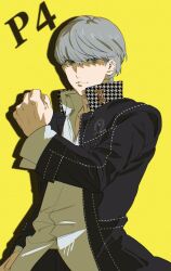  1boy black_jacket closed_mouth commentary_request copyright_name dress_shirt green_eyes grey_hair highres jacket looking_at_viewer male_focus minaminooyama narukami_yu open_clothes open_jacket persona persona_4 school_uniform shirt short_hair simple_background solo untucked_shirt upper_body white_shirt yasogami_school_uniform yellow_background 