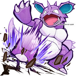  04sora40 claws commentary_request crack fangs fissure_(pokemon) horns nidoking no_humans open_mouth pokemon pokemon_(creature) pokemon_move sharp_teeth single_horn standing tail teeth 
