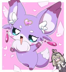  1girl antenna_hair black_dress black_hairband blue_eyes blush commentary_request creature creature_focus dress grey_hair hair_intakes hairband heart highres lets0020 long_hair looking_at_viewer mashu-tan meitantei_precure! moria_luluka open_mouth pink_background precure smile violet_eyes 