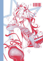  1boy absurdres alternate_costume arknights arm_on_thigh arm_support barcode bishounen boots chinese_commentary colored_lineart commentary_request curtained_hair dragon_boy dragon_horns dragon_tail earrings eastern_dragon_horns eastern_dragon_tail fan_mu_zhang foot_out_of_frame gradient_hair head_tilt highres horns invisible_chair jacket jewelry lace-up_boots layered_sleeves limited_palette long_hair long_sleeves looking_at_viewer male_focus multicolored_hair parted_bangs pointy_ears ponytail shirt shoe_soles short_over_long_sleeves short_sleeves shorts sitting smile solo sparkle striped_sleeves tail yu_(arknights) 