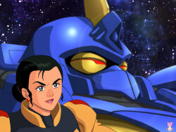  absurdres black_hair blue_eyes blurry blurry_background bruckeng commentary_request earrings folded_ponytail gundam hairband highres jewelry lips lupe_cineau mecha mecha_pilot_suit medal mobile_suit nebula nyahoekaki1 open_mouth photo_background portrait robot science_fiction signature star_(sky) tongue victory_gundam zanscare 