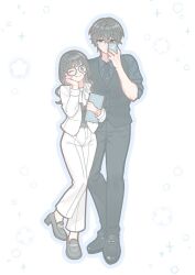  1boy 1girl artist_request black_hair black_necktie black_pants blue_eyes commentary_request commission couple full_body glasses hand_on_own_cheek hand_on_own_face idolmaster idolmaster_shiny_colors jacket korean_commentary long_hair mitsumine_yuika necktie oc_x_canon original pants producer_(idolmaster) second-party_source selfie suit sweater_vest white_background white_jacket white_pants white_suit wingnai 