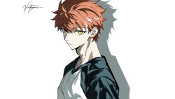  1boy artist_name emiya_shirou fate/stay_night fate_(series) highres long_sleeves male_focus messy_hair multicolored_hair orange_hair shi_draco shirt signature simple_background solo spiky_hair streaked_hair t-shirt white_background white_streaks yellow_eyes 