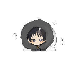  1boy black_hair blunt_ends chibi chibi_only choppy_bangs coat cropped_torso fatui_coat fur-trimmed_coat fur-trimmed_hood fur_trim genshin_impact hair_intakes highres hood hood_up hooded_coat lapels looking_at_viewer male_focus mitsudomoe_(shape) nitenmanten0 no_mouth portrait scaramouche_(genshin_impact) scaramouche_(harbinger)_(genshin_impact) solo tomoe_(symbol) translation_request violet_eyes white_background white_coat white_hood 
