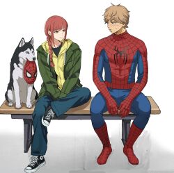  1boy 1girl animal_print blue_bodysuit bodysuit braid braided_ponytail chainsaw_man commentary denji_(chainsaw_man) dog english_commentary highres hood hoodie husky jacket makima_(chainsaw_man) marvel multicolored_bodysuit ponytail print_bodysuit red_bodysuit red_hair ringed_eyes shiren_(ourboy83) spider-man spider-man:_brand_new_day spider-man_(series) spider_print spider_web_print superhero_costume 