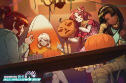  4girls ancient_egyptian_clothes bandages bare_shoulders blonde_hair blue_eyes blue_hoodie blunt_ends blush brown_hair candy candy_corn candy_hair_ornament cassidy_amber choker cleo_de_nile cleo_de_nile_(cosplay) closed_eyes cosplay curtained_hair diana_venicia dress earrings face_jewel food food-themed_hair_ornament gloves grace_madison hair_ornament halloween halterneck highres hood hoodie hoshino_ai hoshino_ai_(cosplay) idol_clothes jewelry long_hair middle_finger multiple_girls mummy_costume one_eye_closed oshi_no_ko parted_bangs pink_dress pink_eyes pink_gloves ponytail project:_eden's_garden pumpkin rabbit_hair_ornament red_hair seraph_(sera_phiel) sidelocks sitting skirt smile star_(symbol) symbol-shaped_pupils table tongue tongue_out twintails vanellope_von_schweetz vanellope_von_schweetz_(cosplay) wenona_(project:_eden's_garden) 