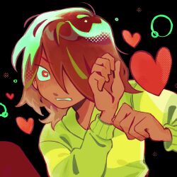  1other black_background brown_hair commentary deltarune english_commentary green_sweater hair_over_one_eye heart heart-shaped_pupils highres kris_(deltarune) long_sleeves mariorsomething medium_hair other_focus red_eyes single_horizontal_stripe solo striped_clothes striped_sweater sweater symbol-shaped_pupils utdr_(toby_fox) 