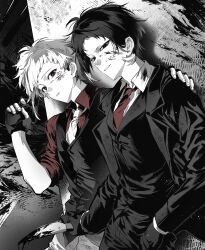  2boys absurdres akutagawa_ryuunosuke_(bungou_stray_dogs) blood blood_on_face blood_on_knife bungou_stray_dogs commentary_request dress_shirt fingernails gloves greyscale hand_on_another's_shoulder highres holding holding_knife jacket knife looking_at_viewer male_focus mitabxd_7 monochrome multiple_boys nakajima_atsushi_(bungou_stray_dogs) necktie parted_lips red_necktie red_shirt shirt short_hair spot_color suit_jacket suit_pants teeth vest waistcoat 