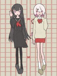  2girls arm_at_side black_hair black_pantyhose black_sailor_collar black_serafuku black_skirt bow bowtie brown_background brown_sweater collared_shirt commentary_request eye_contact full_body genkou_youshi grid_background grin hand_up highres kotoba_no_obake_ga_mado_kara_miteiru_(utau) long_hair long_sleeves looking_at_another looking_to_the_side multiple_girls neckerchief nijisanji nijntje115 pantyhose pink_eyes red_bow red_bowtie red_neckerchief red_skirt sailor_collar school_uniform serafuku shiina_yuika shiina_yuika_(1st_costume) shirt shoes side-by-side skirt smile standing sweater tsukino_mito tsukino_mito_(chihaki-shoujo) violet_eyes virtual_youtuber white_hair 