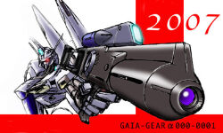  2007 aiming beam_rifle character_name commentary_request dated energy_gun english_text gaia_gear gaia_gear_alpha gundam gymg man_machine mecha mecha_focus no_humans perspective radio_antenna robot science_fiction sketch upper_body weapon white_background 