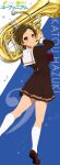  1girl absurdres artist_request bangs blush brown_eyes brown_footwear brown_hair brown_shirt brown_skirt character_name closed_mouth euphonium hair_ornament hairclip hands_up hibike!_euphonium highres holding holding_instrument instrument katou_hazuki kitauji_high_school_uniform leg_up loafers long_sleeves looking_at_viewer looking_back neckerchief official_art pleated_skirt red_neckerchief sailor_collar school_uniform serafuku shirt shoes short_hair skirt smile socks solo white_sailor_collar white_socks 