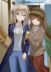 2girls absurdres arm_hug bag braid bread brown_hair closed_mouth food heaven_burns_red highres kiryuu_miya kr_woyue long_hair multiple_girls neck_ribbon open_clothes paper_bag red_eyes red_ribbon ribbon shirakawa_yuina shirt violet_eyes white_shirt yuri 